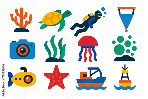 Marine Ecology Icons. Flat vector icons of marine ecology: coral reef, sea turtle, diver, plankton net, underwater camera,