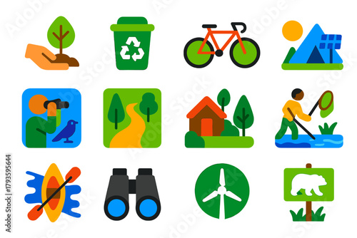 Eco-Tourism Icons. Flat vector icons of eco-tourism: tree planting, recycling bin, bicycle tour, solar campsite, wildlife