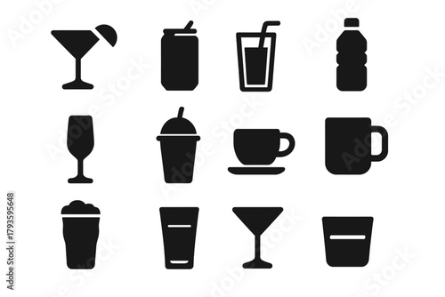 Solid Style Drink Icons. Solid style icons of Drinks: cocktail glass, soda can, juice glass, water bottle, champagne flute,
