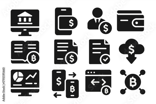 Digital Finance Icons. Solid style icons of Digital finance: online banking, mobile app wallet, virtual account, crypto wallet,