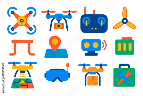 Drone Tech Icons. Flat vector icons of drone technology: quadcopter, camera drone, remote controller, propeller, landing gear, GPS