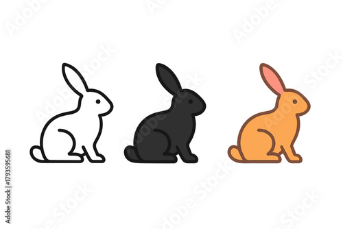 Minimalist Rabbit Icons. Minimalist rabbit animal icon: three identical rabbits in side view with long ears in a row, first in