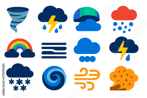 Weather Phenomena Icons. Flat vector icons of atmospheric phenomena: tornado, thunderstorm, aurora, hail, rainbow, fog, cloud