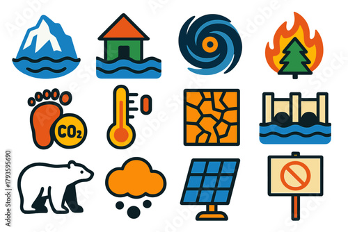Bold Climate Icons. Flat vector icons of climate change: melting glacier, rising sea level, hurricane, wildfire, carbon footprint,