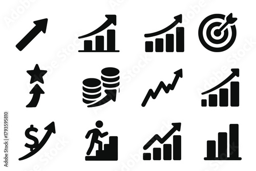 Business Growth Icons. Solid style icons of Business growth: upward arrow, progress chart, rising bars, financial curve, goal