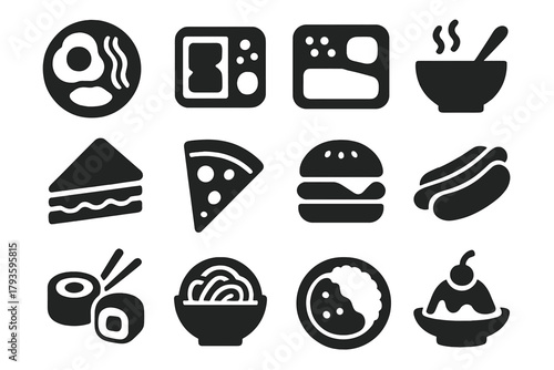 Solid Style Meal Icons. Solid style icons of Meals: breakfast plate, lunch box, dinner tray, soup bowl, sandwich, pizza slice,