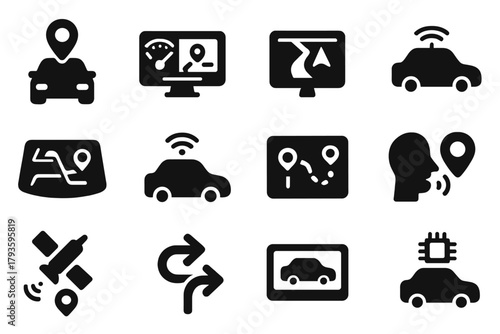Smart Car Icons. Solid style icons of vehicle navigation and tech: car with GPS pin, dashboard screen, auto navigation system,