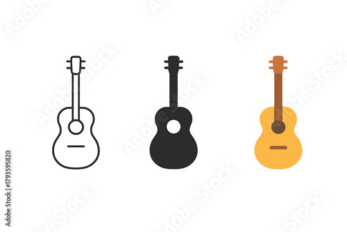 Minimalist Guitar Icons. Minimalist music hobby icon: three identical guitars in side view in a row, first in line style with thin