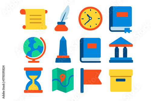 Historical Icons Set. Flat vector icons of history: ancient scroll, quill pen, clock, globe, monument, historical book, hourglass,