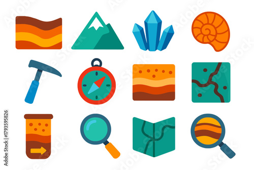 Colorful Geology Icons. Flat vector icons of geology: rock layers, mountain, crystal, fossil, hammer, compass, sediment, soil