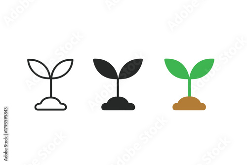 Minimalist Seedling Styles. Minimalist seedling icon: three identical young sprouts with two leaves each in a row, first in line