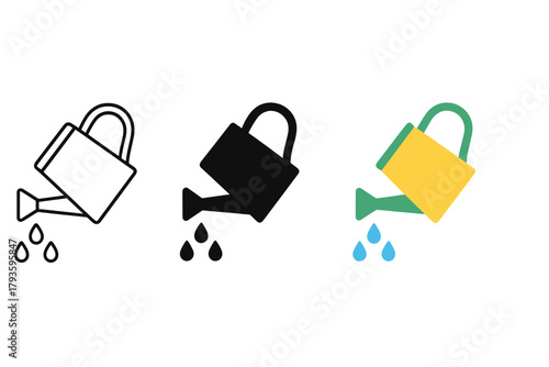 Minimalist Watering Cans. Minimalist watering can garden icon: three identical watering cans tilted with drops falling in a row,