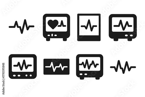 Medical Rhythm Icons. Solid style icons of Medical rhythm: ECG line, heart monitor, cardiology chart, pulse meter, hospital
