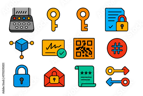 Modern Cryptography Icons. Flat vector icons of cryptography: cipher machine, public key, private key, encrypted message,
