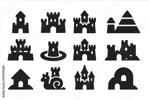 Sandcastle Icon Variations. Solid style icons of Sandcastle Variations: single tower, multi-tower castle, wide base castle,