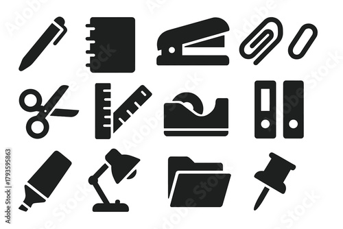 Office Essentials Icons. Solid style icons of Office essentials: pen, notebook, stapler, paperclip, scissors, ruler, tape
