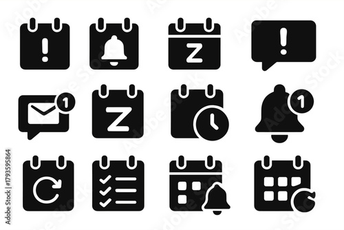 Reminder Notification Icons. Solid style icons of reminders and notifications: calendar alert, bell on date, snooze calendar icon,