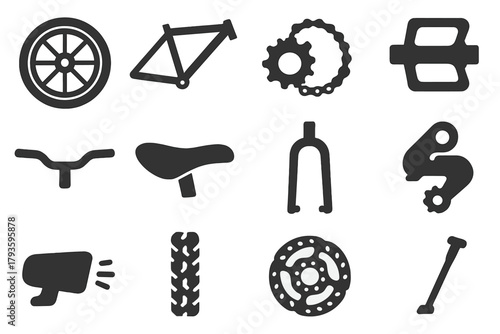 Bicycle Components Icons. Solid style icons of bicycle components: bike wheel, bicycle frame, chain and gear, pedals icon,