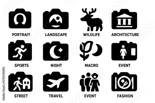 Photography Icons Collection. Solid style icons of photography categories: portrait icon, landscape icon, wildlife camera,
