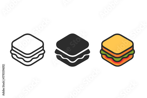 Minimalist Sandwich Icons. Minimalist sandwich fast food icon: three identical stacked sandwiches with layers in a row, first in