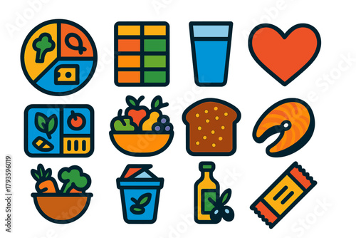 Healthy Eating Icons. Flat vector icons of healthy eating: portion plate, nutrition label, water glass, heart icon, meal prep