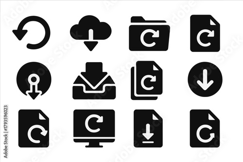 Data Retrieval Icons. Solid style icons of data retrieval: retrieve icon, cloud with arrow, restore folder, file recovery,