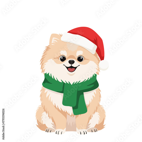 Cute Pomeranian Dog in Santa Hat and Scarf