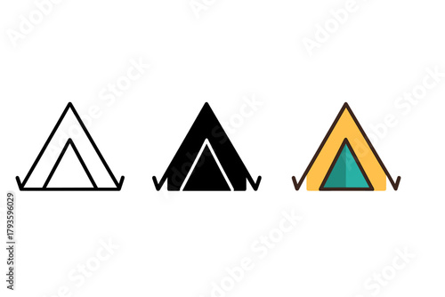 Minimalist Tent Icons. Minimalist tent travel icon: three identical triangular camping tents in a row, first in line style with