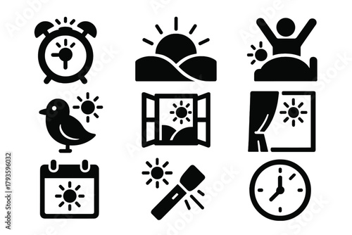 Morning Icons Collection. Solid style icons of morning and awakening: alarm with sun, sunrise over hills, early wake icon, new day