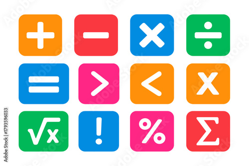 Mathematical Icon Set. Flat vector icons of mathematical operations: addition, subtraction, multiplication, division, equals sign,