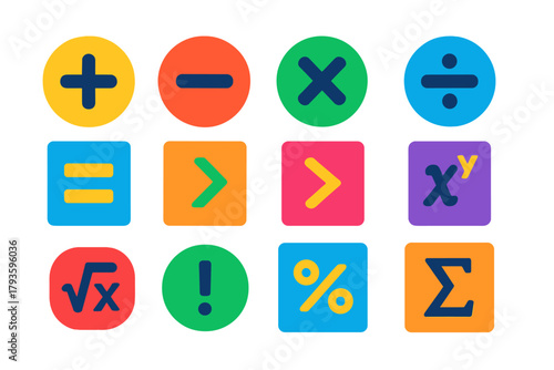 Mathematical Icon Set. Flat vector icons of mathematical operations: addition, subtraction, multiplication, division, equals sign,