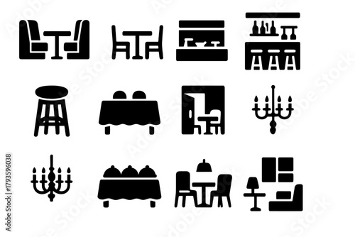 Dining Space Icons. Solid style icons of Interior dining: dining booth, cafe table, bar counter, stool seating, banquet table,