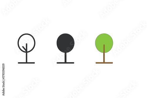 Minimalist Tree Designs. Minimalist tree garden icon: three identical small garden trees with round crowns in a row, first in line