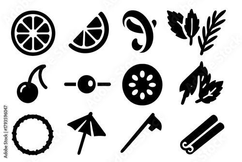 Cocktail Garnishes Icons. Solid style icons of Cocktail garnishes: lemon slice, lime wedge, orange twist, pineapple piece,