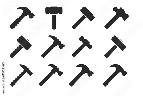 Solid Hammer Icons. Solid style icons of Hammers: claw hammer, sledgehammer, mallet, ball-peen hammer, carpenter hammer, rubber