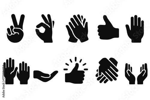 Positive Hand Icons. Solid style icons of Positive gestures: peace hand, okay sign, clap hands, high five, raised hands, open palm