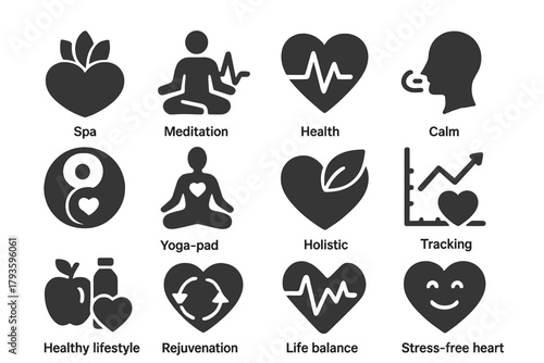 Wellness Icons Collection. Solid style icons of Wellness: spa heart, meditation heartbeat, relaxed pulse, calm breathing rhythm,