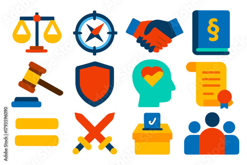 Ethical Icon Set. Flat vector icons of ethics: balance scale, moral compass, handshake, law book, gavel, shield, conscience icon,