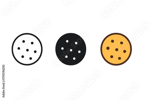 Cookie Icon Styles. Minimalist cookie dessert icon: three identical round cookies with small dots representing chocolate chips in