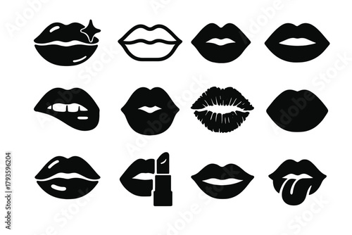 Glossy Lips Icons. Solid style icons of Lips: glossy lips, outlined lips, kiss lips, parted lips, biting lips, puckered lips, lip