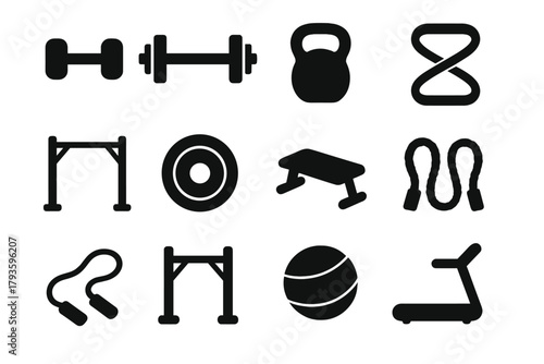 Fitness Icons Collection. Solid style icons of Fitness: dumbbell, barbell, kettlebell, resistance band, pull-up bar, weight plate,