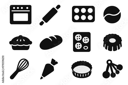 Baking Tool Icons. Solid style icons of Baking: oven, rolling pin, cupcake tray, dough ball, pie dish, bread loaf, cookie sheet,