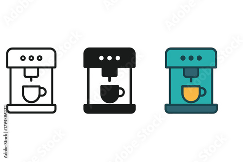 Stylish Coffee Machines. Minimalist coffee machine kitchen icon: three identical coffee machines with cup under spout in a row,