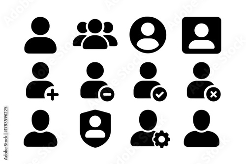 Solid User Icons. Solid style icons of User profiles: single person, group of people, user circle, user square, user with plus,