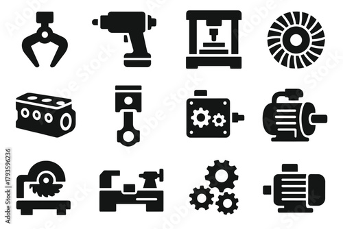 Machinery Icon Set. Solid style icons of Machinery: robotic claw, industrial drill, heavy press, turbine wheel, engine block,
