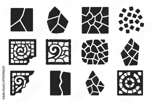 Mosaic Fragment Icons. Solid style icons of Mosaic Fragments: broken tile, shard piece, cracked mosaic, scattered tesserae,