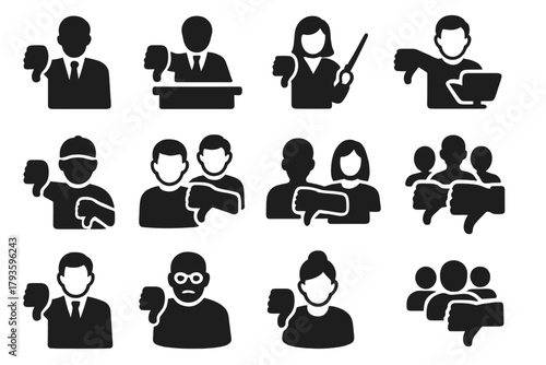 Icons of Disapproval. Solid style icons of Unapproval: leader thumbs down, boss rejecting, teacher disapproval, parent thumbs down