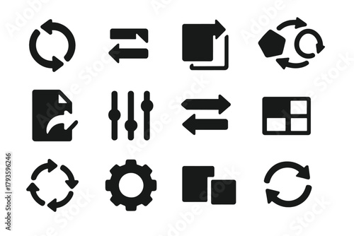 Transformation Icons. Solid style icons of change and transformation: arrows in circle, change icon, flipped square, rotating