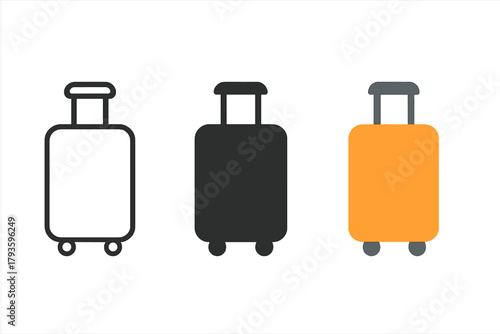 Minimalist Suitcase Icons. Minimalist suitcase travel icon: three identical rolling suitcases with handles in a row, first in line