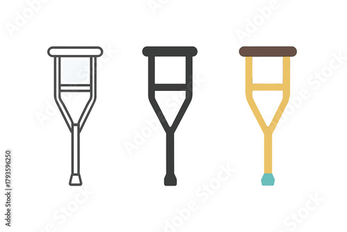 Diverse Crutch Styles. Minimalist crutch icon: three identical medical crutches in side view in a row, first in line style with